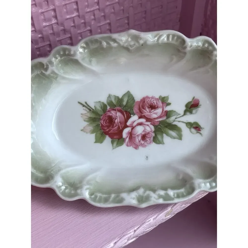 Antique Porcelain Relish Dish Trinket Tray Soap Floral Roses Victorian Cottage